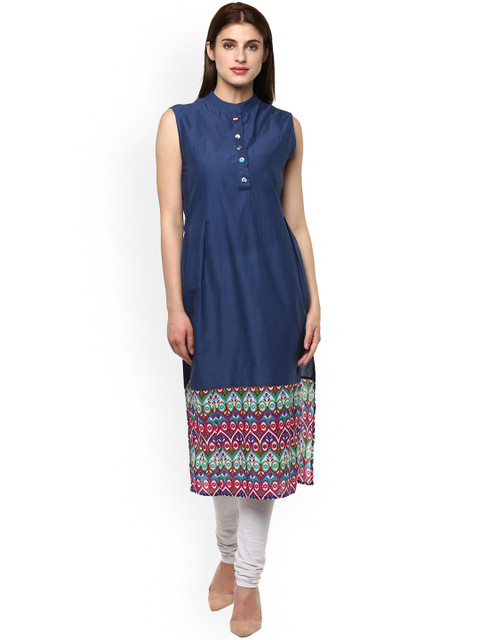 

Bhama Couture Women Blue Printed Straight Kurta