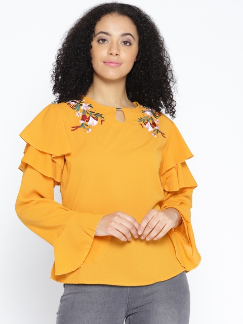 

OPt Women Mustard Yellow Solid Ruffled Top