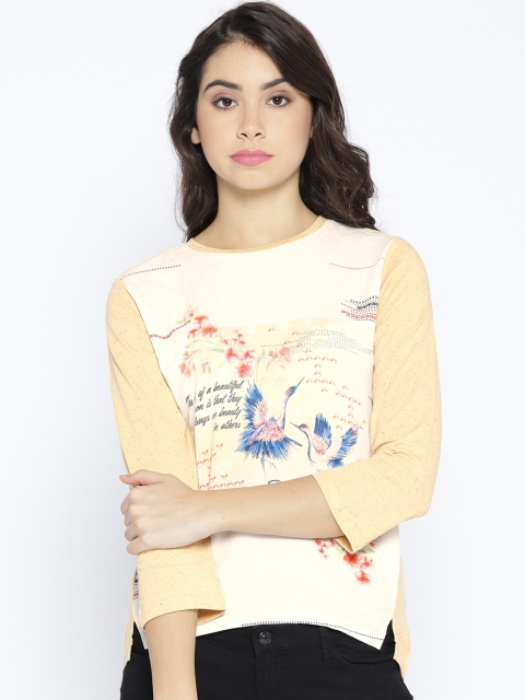 

OPt Women Yellow & White Printed Top