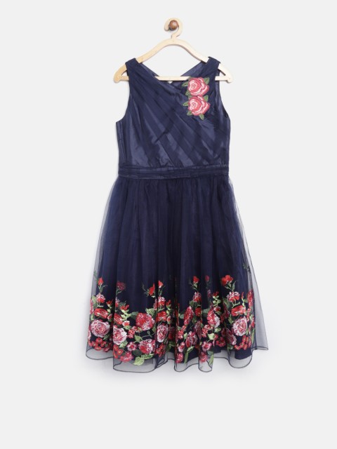 

MONSOON CHILDREN Girls Navy Blue Solid Fit and Flare Dress with Embroidered Detail