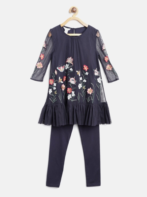 

MONSOON CHILDREN Girls Navy Embroidered A-Line Dress with Leggings, Navy blue
