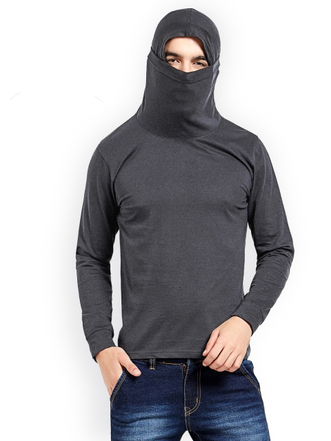 

Maniac Men Charcoal Grey Solid Hooded T-shirt with Face Mask