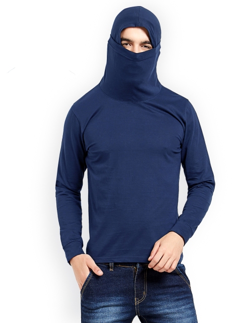 

Maniac Men Navy Blue Solid Slim Fit Hooded T-shirt