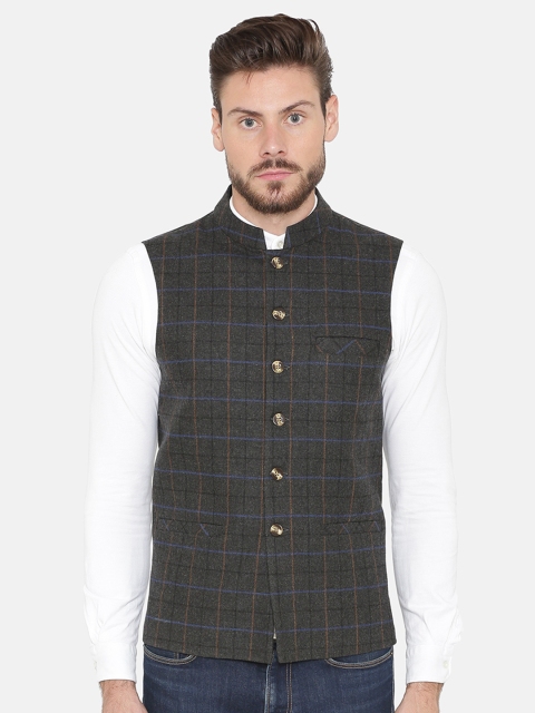 

NEUDIS Men Grey Checked Woolen Nehru Jacket