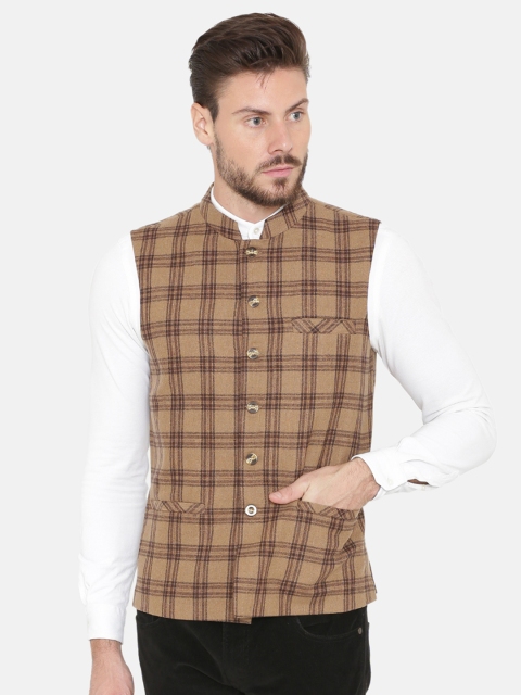 

NEUDIS Men Brown and Black Checked Wool Sleeveless Nehru Jacket