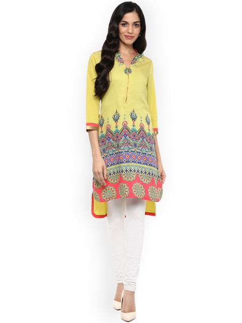 

Fusion Beats Women Yellow Printed High-Low Tunic