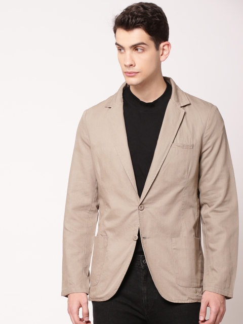 

ether men Beige Solid Single-Breasted Casual Blazer
