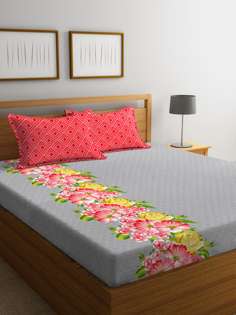 

Portico New York Grey Floral Flat 144 TC Cotton 1 Queen Bedsheet with 2 Pillow Covers