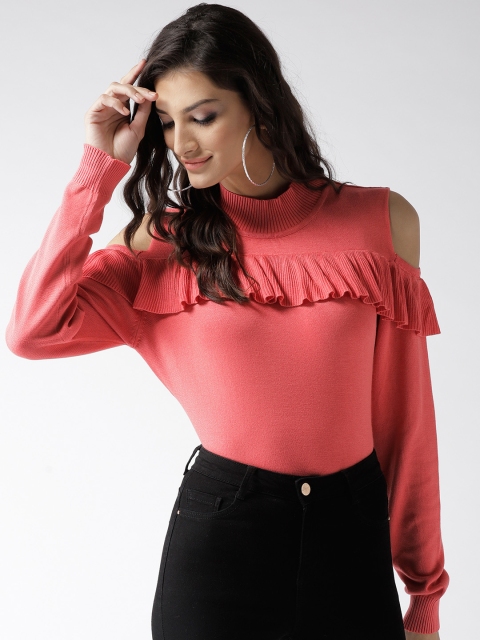 

Madame Women Coral Pink Cold-Shoulder Pullover