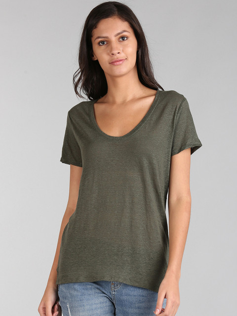 

GAP Women Olive Green Short Sleeve Scoop Neck T-Shirt In Linen