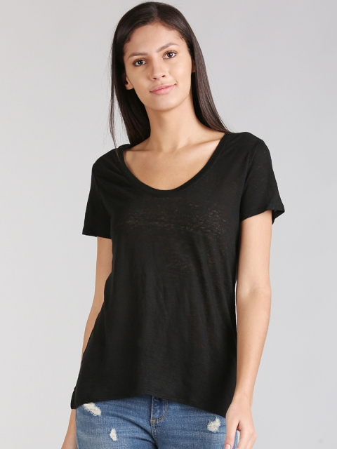 

GAP Women Black Short Sleeve Scoop Neck T-Shirt In Linen