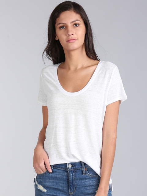 

GAP Women White Short Sleeve Scoop Neck T-Shirt In Linen