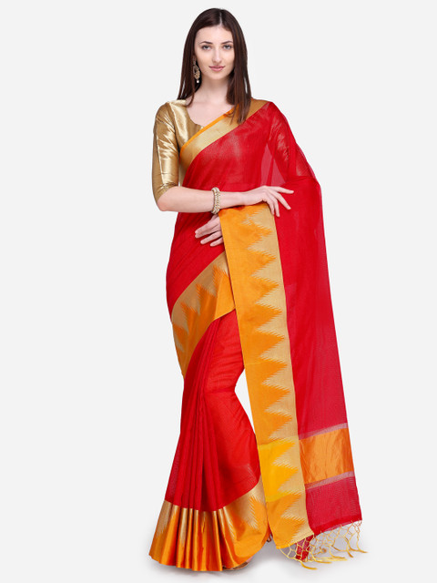 

Stylee LIFESTYLE Red & Orange Silk Blend Woven Design Banarasi Saree
