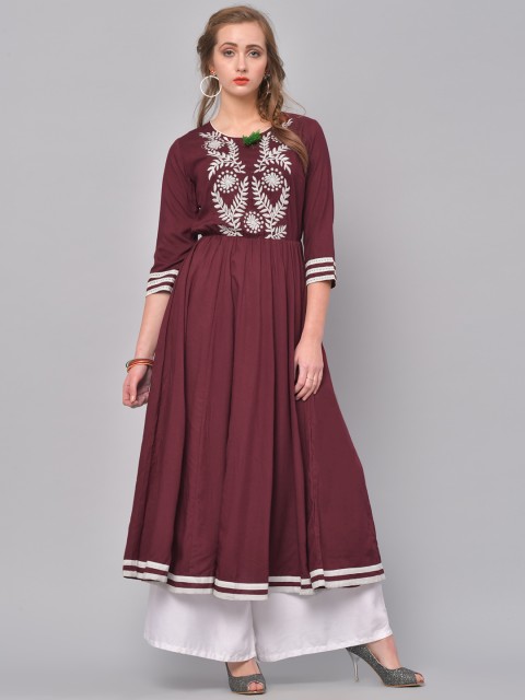 

La Firangi Women Maroon Embroidered A-Line Kurta
