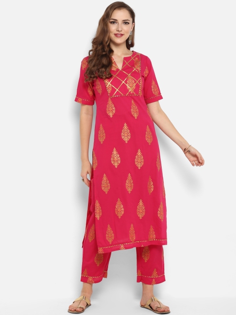 

Janasya Women Pink Printed Kurta with Trousers