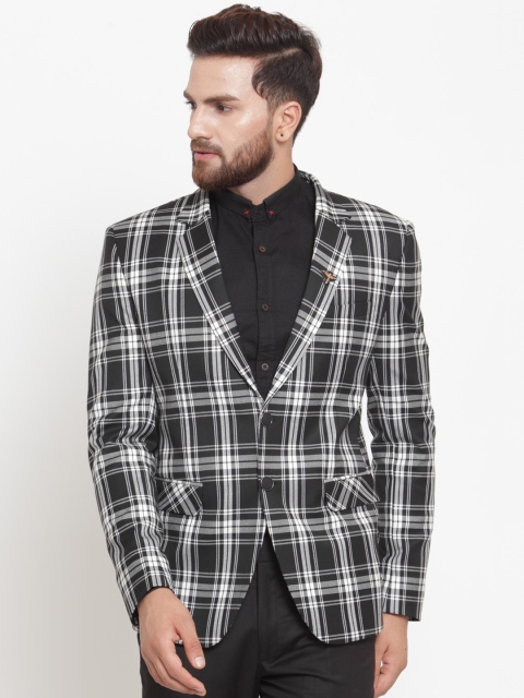 

LUXURAZI Men Black & White Checked Slim-Fit Single-Breasted Blazer