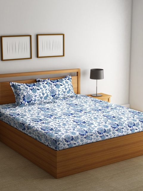 

BOMBAY DYEING Blue & Off-White Floral Flat 120 TC Cotton 1 King Bedsheet with 2 Pillow Covers