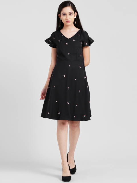 

Zink London Women Black Printed Fit and Flare Dress