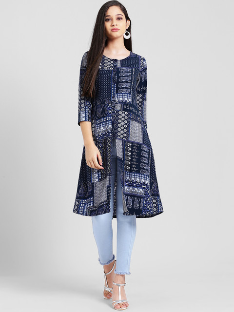 

Zink London Navy Blue & White Printed Tunic