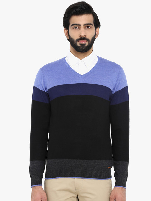 

Park Avenue Men Blue & Black Colourblocked Sweater