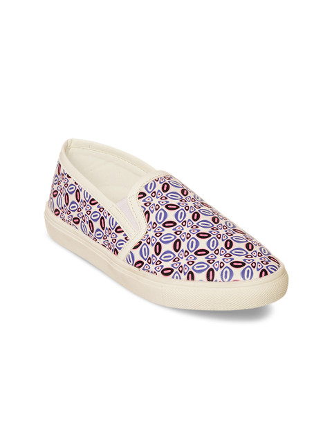 

Bruno Manetti Women Cream-Coloured & Blue Printed Slip-On Sneakers