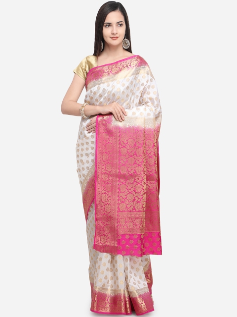 

Rajnandini Off-White & Pink Silk Blend Woven Design Kanjeevaram Saree