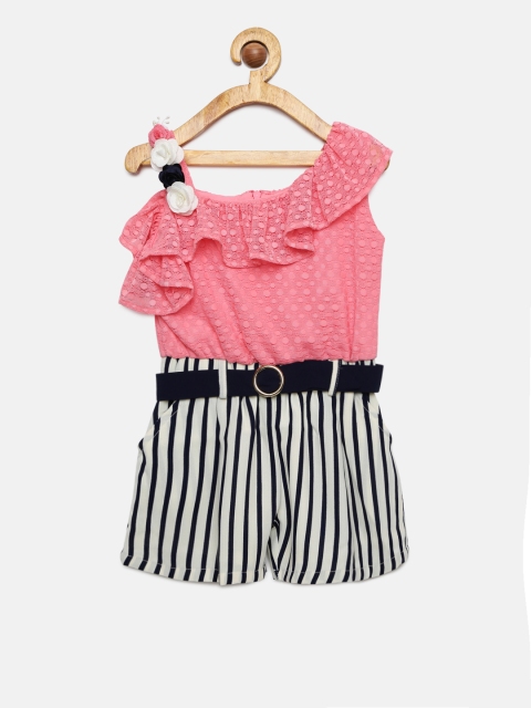 

Peppermint Girls Peach & White Self Design Jumpsuit