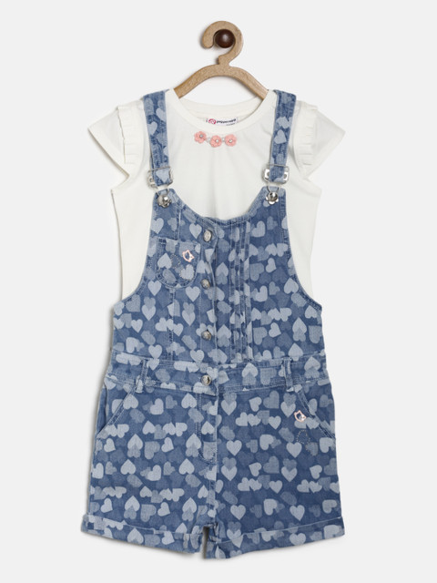 

Peppermint Girls Blue & White Printed Dungarees with Top