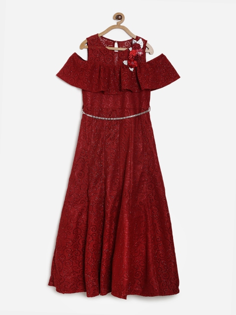 

Peppermint Girls Maroon Self Design A-Line Dress