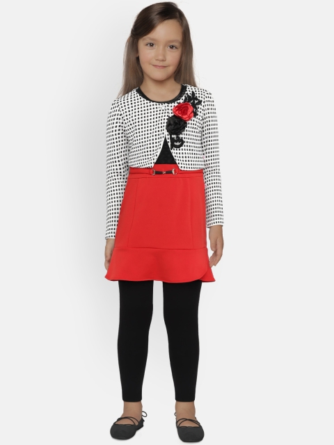 

Peppermint Girls Red Colourblocked A-Line Dress with Leggings & Shrug