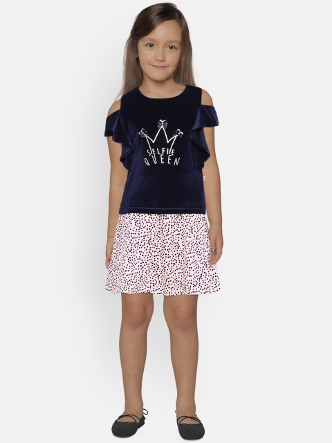 

Peppermint Girls Navy Blue & Pink Printed Top with Skirt