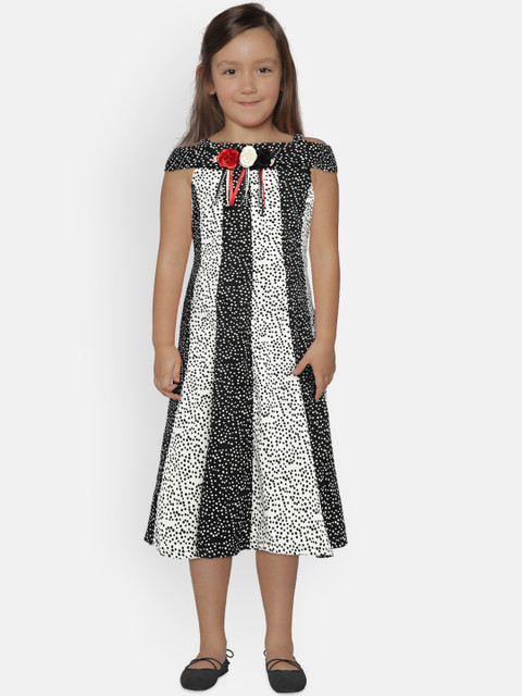 

Peppermint Girls Off-White & Black Printed A-Line Dress with Hat