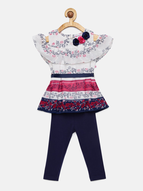 

Peppermint Girls White & Blue Printed Top with leggings, Off white