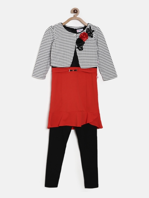 

Peppermint Girls Red & Black Colourblocked Fit and Flare Dress With Leggings & Waistcoat