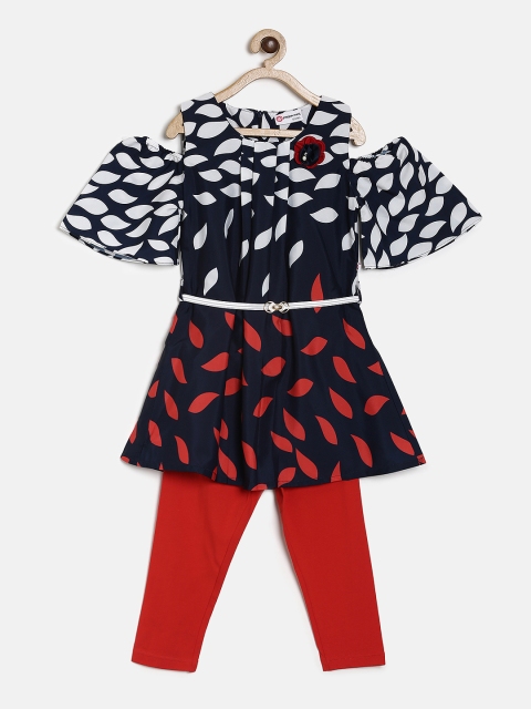 

Peppermint Girls Navy Blue Printed A-Line Dress with Leggings