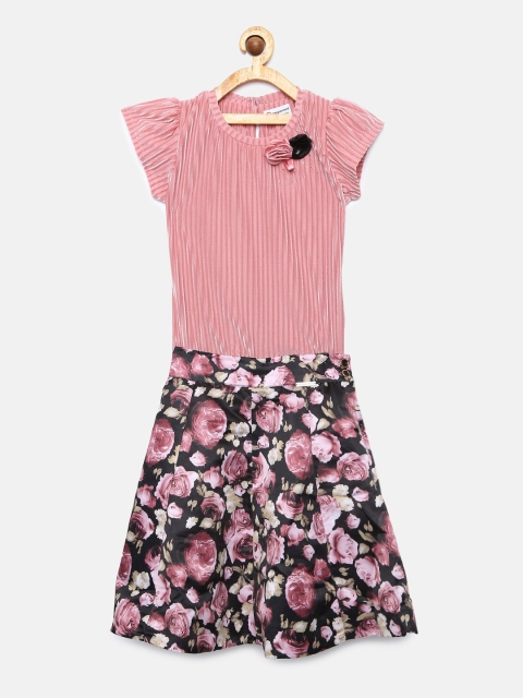 

Peppermint Girls Pink Solid Top with Printed Skirt
