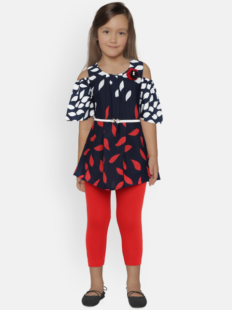 

Peppermint Girls Navy Blue Printed Fit and Flare Dress with Leggings