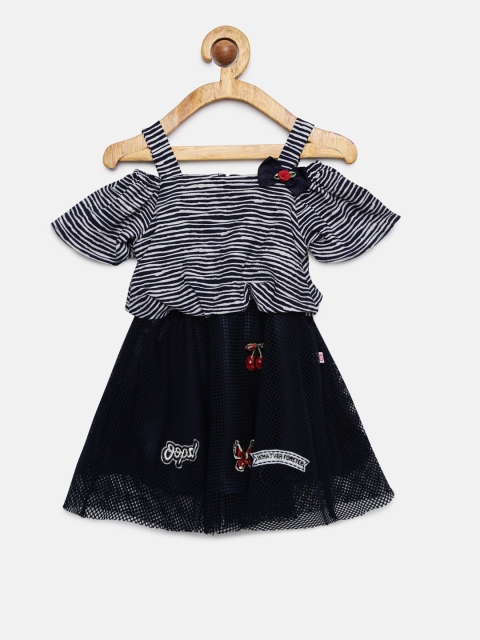 

Peppermint Girls Navy Blue Self Design Fit and Flare Dress