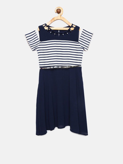 

Peppermint Girls Navy Blue Striped Fit and Flare Dress