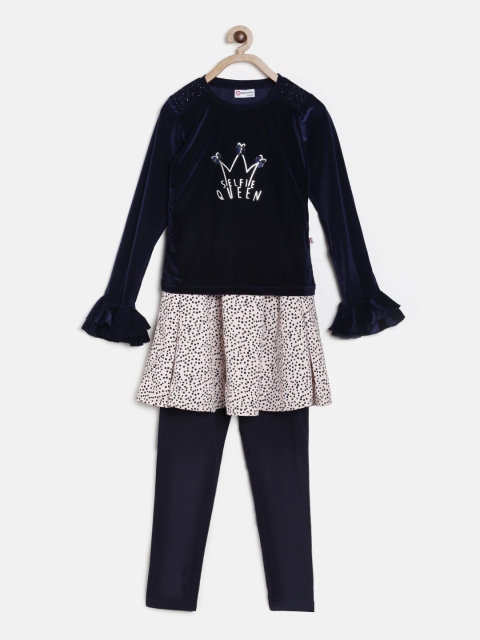 

Peppermint Girls Navy Blue Embellished Top with Beige Printed Skirt
