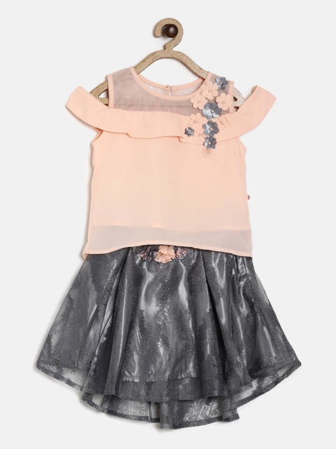 

Peppermint Girls Grey & Peach-Coloured Embellished Top with Skirt
