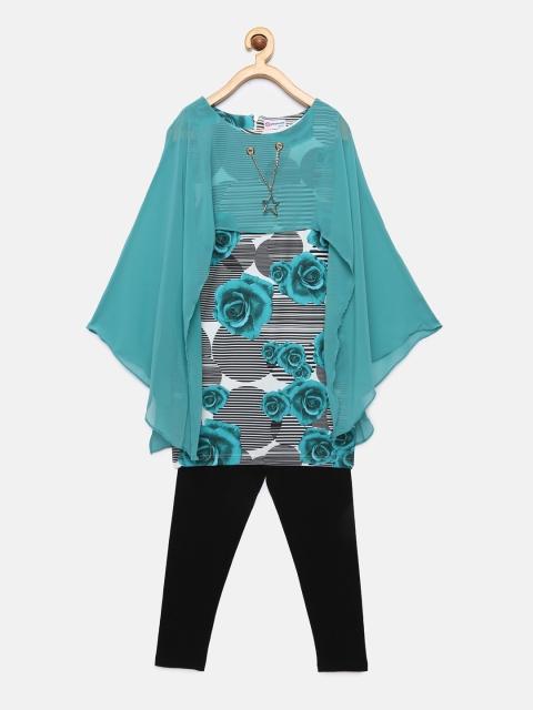 

Peppermint Girls Sea Green Printed Fit and Flare Dress