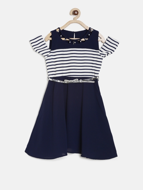 

Peppermint Girls Navy Blue Striped Fit and Flare Dress