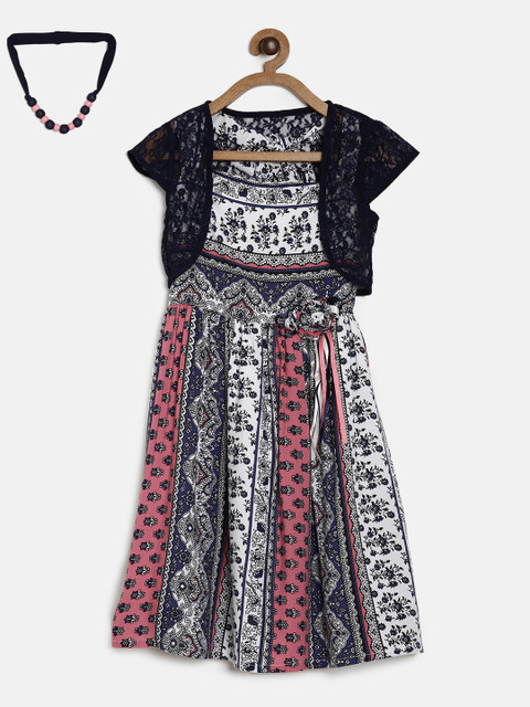 

Peppermint Girls Navy Blue Printed Fit and Flare Dress