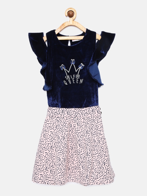 

Peppermint Girls Navy Blue & Pink Solid Top with Skirt