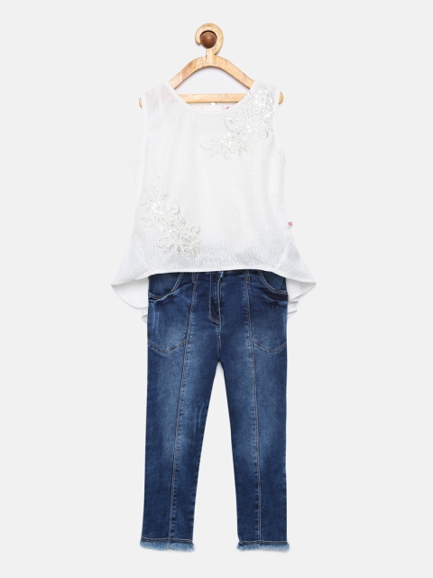 

Peppermint Girls Off-White & Blue Solid Top with Capris