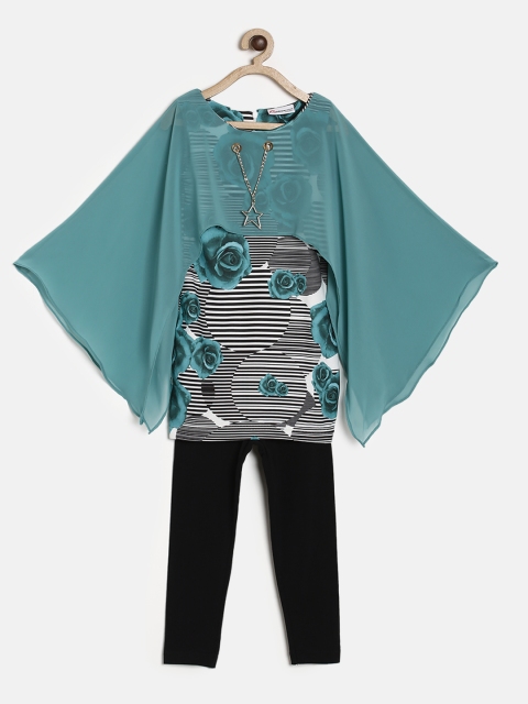 

Peppermint Girls Sea Green Printed Sheath Dress With a Leggings