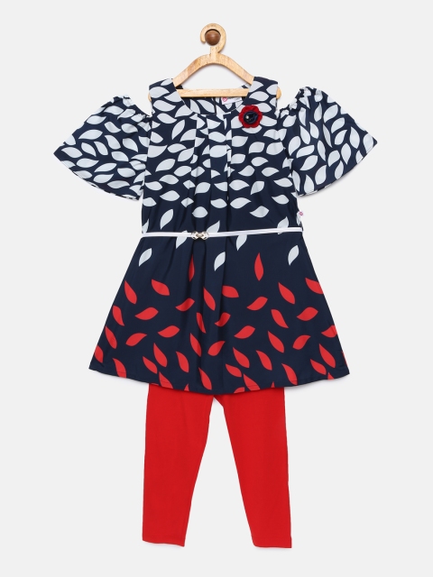 

Peppermint Girls Navy Blue Printed Fit and Flare Dress