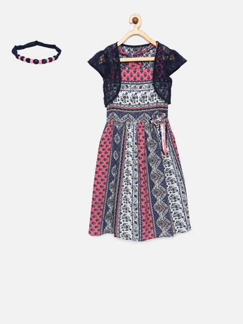 

Peppermint Girls Multicoloured Printed Drop-Waist Dress with Shrug, Multi