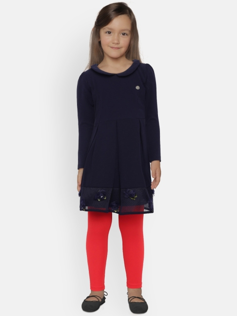 

Peppermint Girls Navy Blue SWEET HARMONY Solid Fit and Flare Dress with Red Leggings